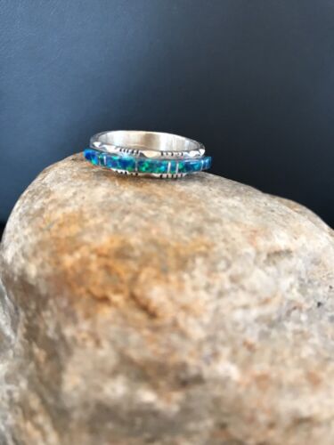 Southwestern Navajo Blue Opal Inlay Ring | Sterling Silver | Sz 7.5 | Authentic Native American Handmade | 10609