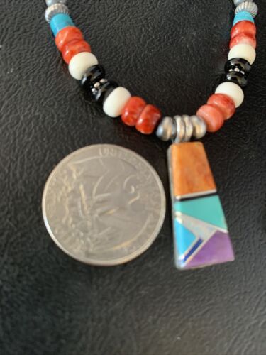 Navajo Multi-Color Turquoise Onyx Inlay Pendant Necklace | Sterling Silver | 13798