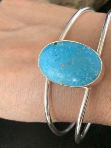 Women's Sterling Silver Blue Kingman Turquoise Cuff Bracelet | Authentic Native American Handmade | 14067
