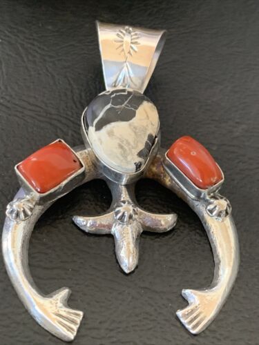 Navajo White Buffalo Turquoise Coral Naja Pendant | Sterling Silver | Authentic Native American Handmade | 11574 - Masha USA
