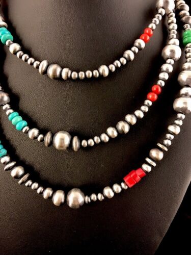 Navajo Pearls Turquoise Coral Bead Necklace | 51" Single Strand Sterling Silver | Southwestern Native American | 8112