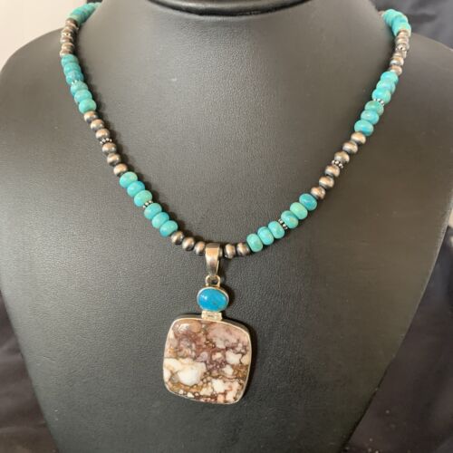 Men's Navajo Pearl Necklace | Sterling Silver | Blue Turquoise & Wild Horse Pendant | 11860