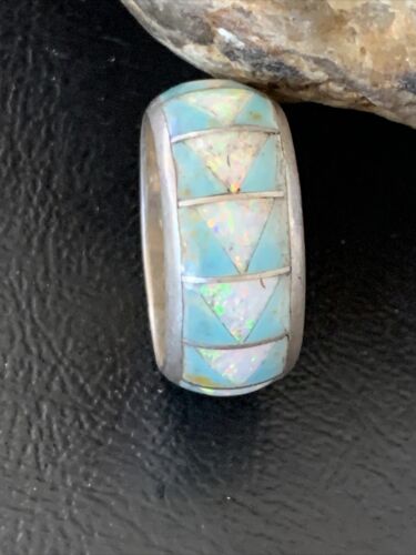 Navajo Blue Turquoise Inlay Ring | Sterling Silver | Sz 9.5 | Authentic Native American Handmade | 12574