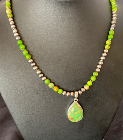 Navajo Pearl Necklace with Green Mojave Turquoise Pendant | Sterling Silver | Authentic Native American Handmade | 11759