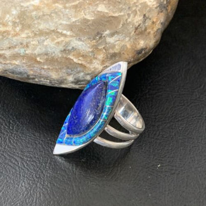 Southwestern Blue Lapis Opal Inlay Ring | Navajo Sterling Silver | Sz 10 | Authentic Native American Handmade | 12846