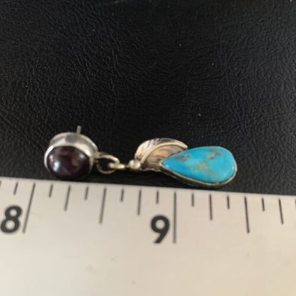 Navajo Sterling Silver Dangle Leaf Earrings | Purple Sugilite & Blue Turquoise | 13443