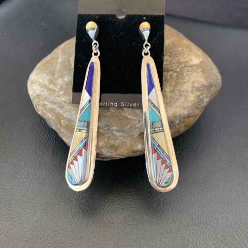 Navajo Multi-Color Turquoise Coral Mother of Pearl Inlay Earrings | Sterling Silver | 3" | 2097