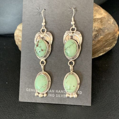 Navajo Green Spiderweb Turquoise Dangle Earrings | Sterling Silver | Authentic Native American Handmade | 13547