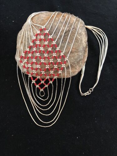 Southwestern Coral Heishi Necklace | 7 Strands Sterling Silver | Navajo | 3699