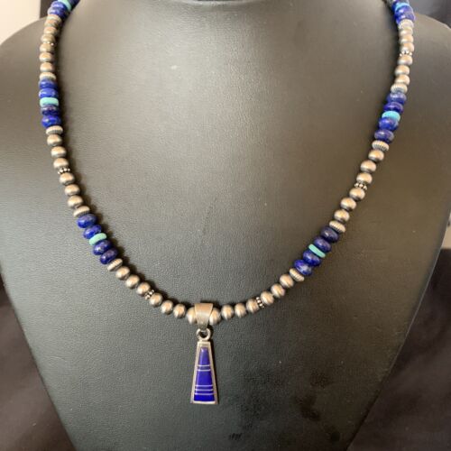 Men's Navajo Pearl Blue Lapis Turquoise Inlay Pendant Necklace | Sterling Silver | 21" | 12610