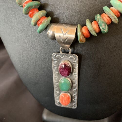 Navajo Royston Turquoise & Red Spiny Oyster Necklace Pendant | Authentic Native American Sterling Silver | Multi-Stone | 11761