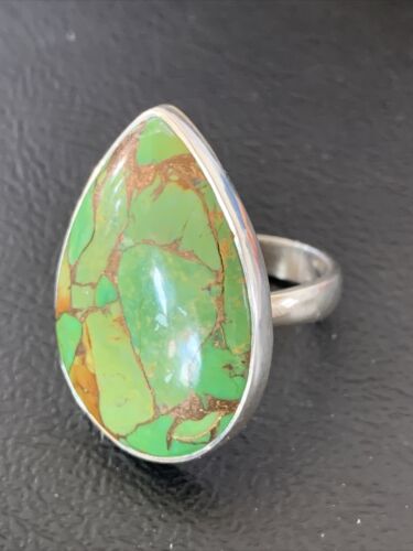 Adjustable Navajo Green Mojave Turquoise Ring | Sterling Silver | Sz 8 | 11787