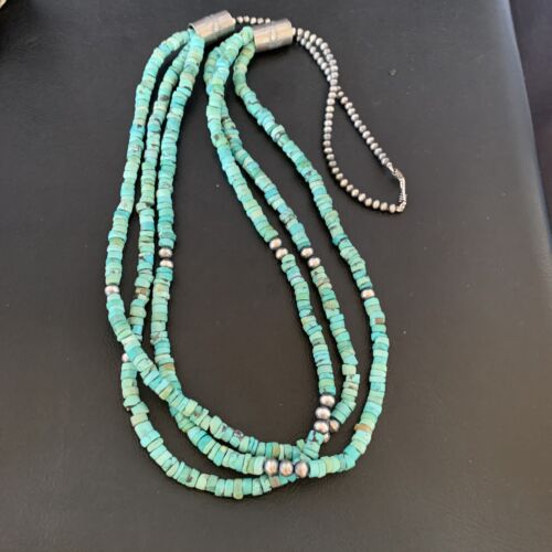 Southwestern Navajo 3-Strand Turquoise Heishi Necklace | Sterling Silver | 30" | 13155