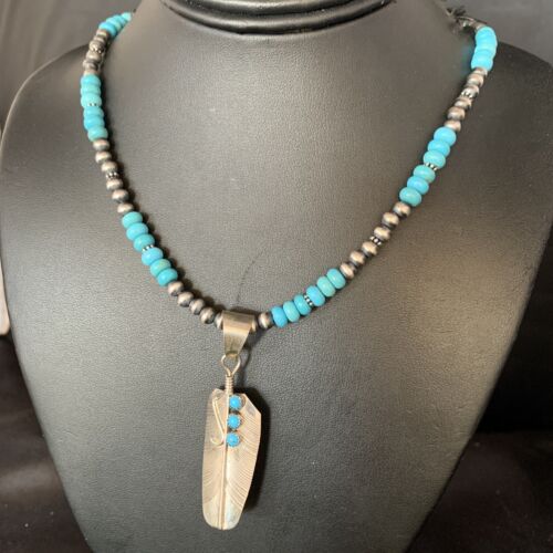 Navajo Blue Turquoise Feather Pendant Necklace | Authentic Native American Sterling Silver | Multi-Stone | 13821