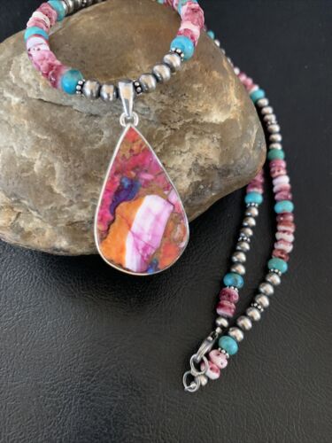 Navajo Pearls Necklace with Turquoise & Purple Spiny Oyster Pendant | Sterling Silver | 13293
