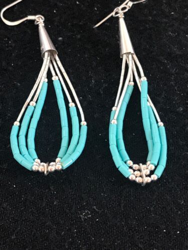 Navajo Sterling Silver Heishi Dangle Turquoise Earrings | 2" | Native American