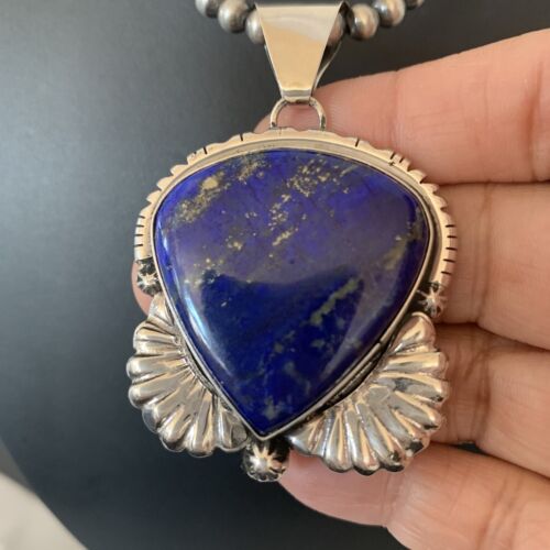 Native American Men's Navajo Pearls Necklace Pendant | Sterling Silver Blue Lapis | 01540