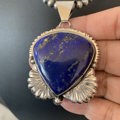 Native American Men's Navajo Pearls Necklace Pendant | Sterling Silver Blue Lapis | 01540