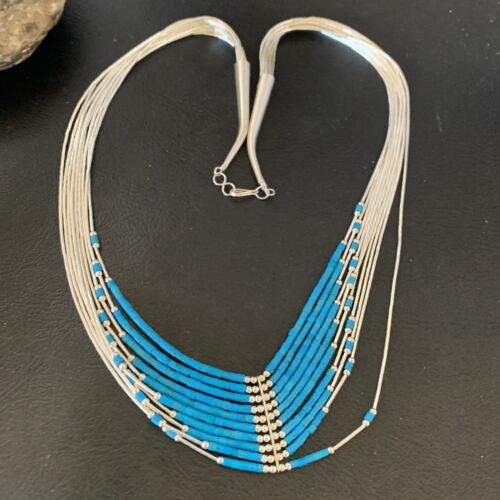 Liquid Silver Heishi 10-Strand Necklace | Sterling Silver Pendant with Turquoise | 12295