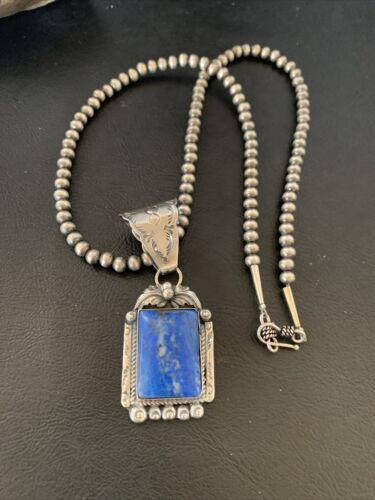 Navajo Denim Lapis Necklace with Pendant | Sterling Silver Pearls | Authentic Native American Handmade | 12440