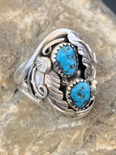 Navajo Blue Kingman Turquoise Feather Ring | Authentic Native American Sterling Silver | Multi-Stone | Sz 11.5 | 12222
