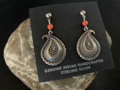 Old Pawn Southwestern Coral Dangle Earrings | Sterling Silver | 1" | 12995