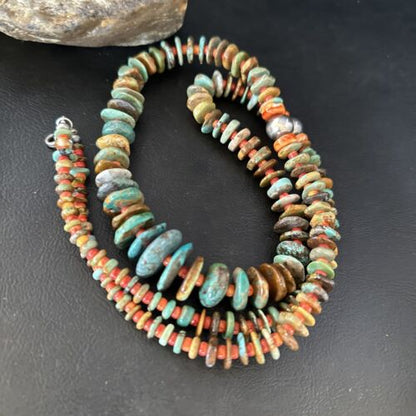 Navajo Turquoise & Red Spiny Oyster Graduated Necklace | Sterling Silver | Authentic Native American | 32" | 14380
