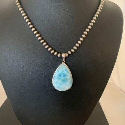 Navajo Blue Larimar Pendant Necklace | Sterling Silver Beads | Authentic Native American Handmade | 1765