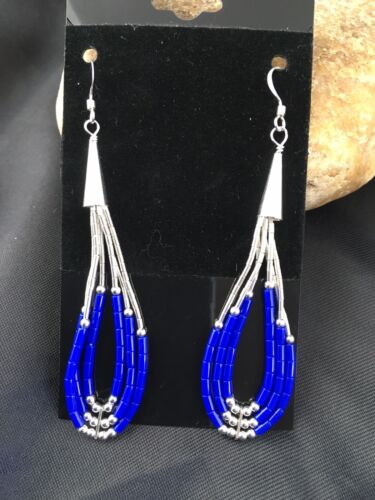 Native American Handmade Sterling Silver Heishi Dangle Earrings Set | Blue Lapis | 2" | 1961