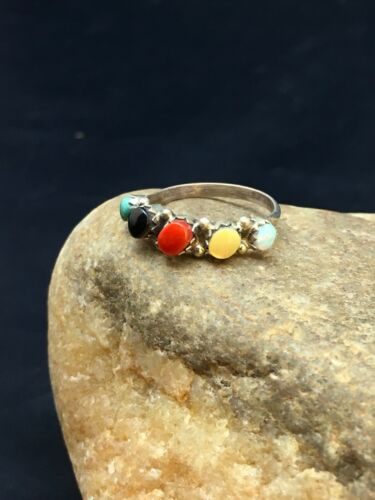 Zuni Blue Opal, Coral & Turquoise Ring | Authentic Native American Sterling Silver | Multi-Stone | Sz 6.5 | 08999