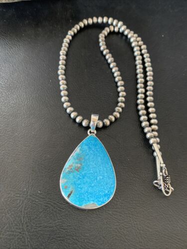 Navajo Pearls Blue Kingman Turquoise Necklace Pendant | Sterling Silver | Authentic Native American Handmade | 11809