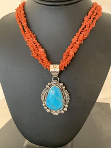 Navajo Sterling Silver Coral Bead Necklace with Turquoise Pendant | Multi-Strand | Authentic Native American Handmade | 767