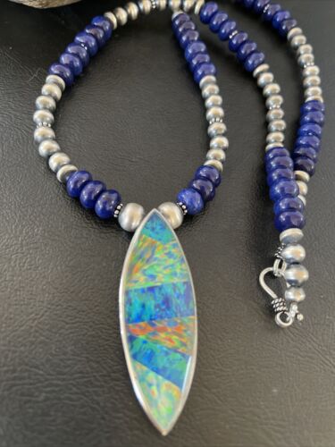 Men's Sterling Silver Necklace | Blue Lapis Bead Opal Inlay Pendant | Authentic Native American Handmade | 10585