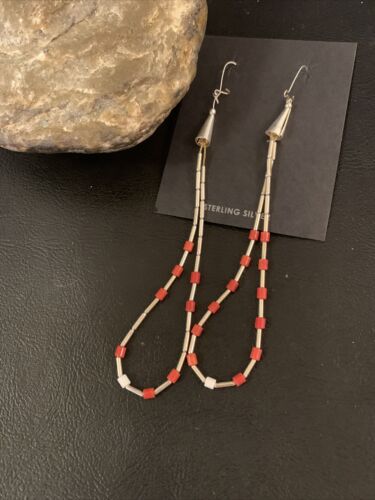 XL Coral Heishi Beads Earrings | Sterling Silver Navajo Pearls | 4" | Authentic Native American Handmade | 13033