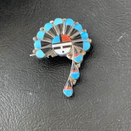 Zuni Turquoise Mother of Pearl Onyx Inlay Sun Face Necklace Pin Pendant | Sterling Silver | 1679
