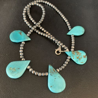 Navajo Teardrop Blue Turquoise Necklace | Sterling Silver Pearls | 20" | Authentic Native American Handmade | 13967