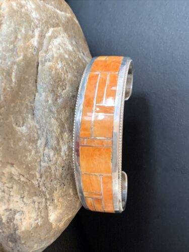 Native American Zuni Orange Spiny Oyster Inlay Cuff Bracelet | Sterling Silver | 12097