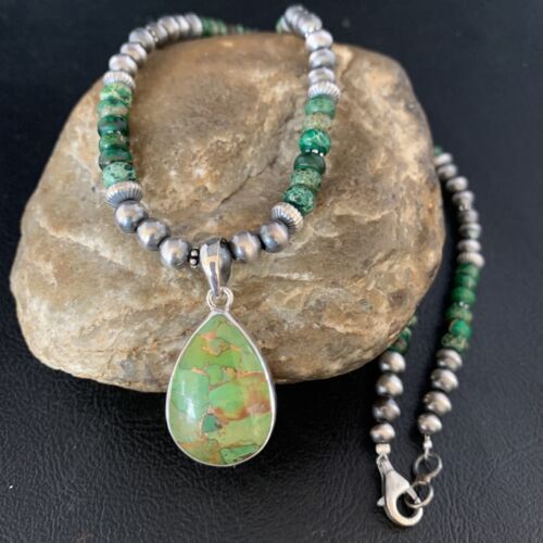 Navajo Pearls Green Mojave Turquoise Pendant Necklace | Sterling Silver | Native American Handmade | 13463
