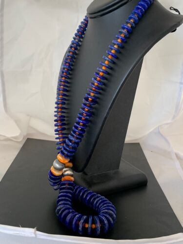 Authentic Native American Navajo Sterling Silver Beads Necklace Set | Lapis & Spiny Oyster| 30" | 11856