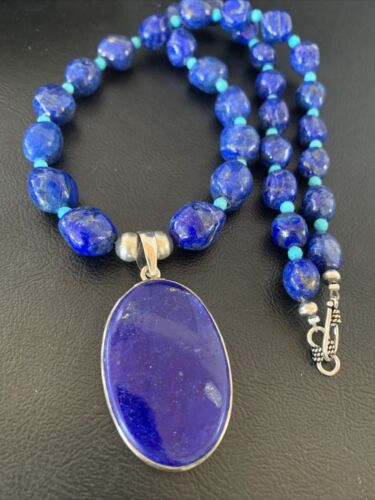 Navajo Blue Lapis Turquoise Pendant Necklace | Sterling Silver | 20" | Authentic Native American Handmade | 10269