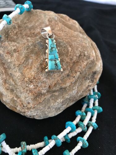 Kingman Turquoise Sterling Silver Pendant | Navajo Inlay Design | Signed | 21" Necklace | 3409