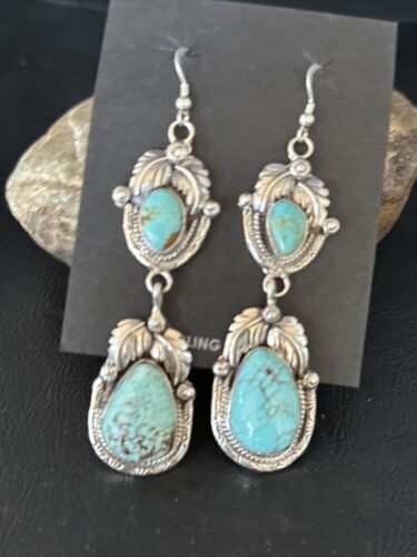 Navajo Blue #8 Turquoise Dangle Earrings | Sterling Silver | Authentic Native American Handmade | 14345