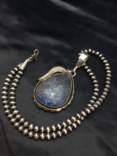 Men's Lapis Pendant | Sterling Silver Navajo Pearls Necklace | Authentic Native American Handmade | 1752