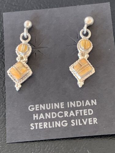 Minimalist Dangle Inlay Navajo Sterling Silver Orange Spiny Oyster Earrings | Handmade | 12679