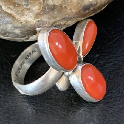 Navajo Red Coral Multi-Stone Ring | Authentic Native American Sterling Silver | Multi-Stone | Sz 7.5 | 14214