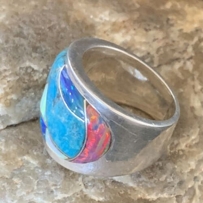 Navajo Blue Turquoise Opal Inlay Men's Pinky Ring | Sz 7 | Sterling Silver Band | 12859