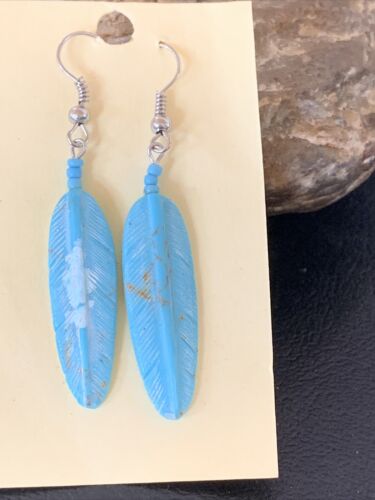 Navajo Turquoise Feather Slab Earrings | Sterling Silver Dangle | Authentic Native American Handmade | 12008