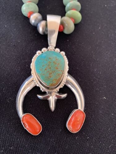 Navajo Royston Turquoise Coral Naja Pendant Necklace | Authentic Native American Sterling Silver | Naja | 1402