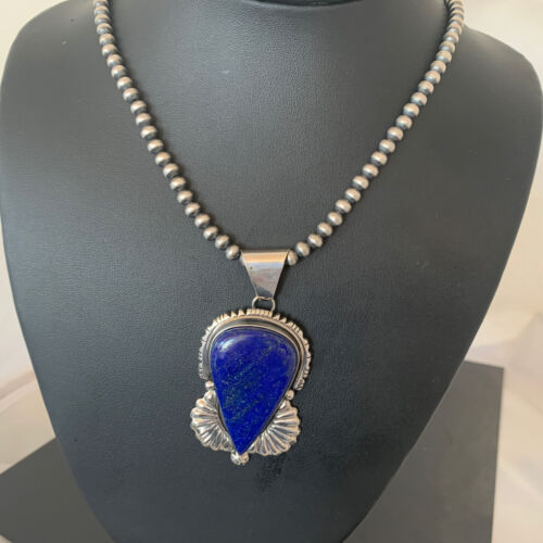 Native American Men's Navajo Pearls Necklace Pendant | Sterling Silver Blue Lapis | 1539