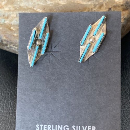 Zuni Blue Turquoise Needle-Point Dangle Post Earrings | Sterling Silver | 0.70" | 12751